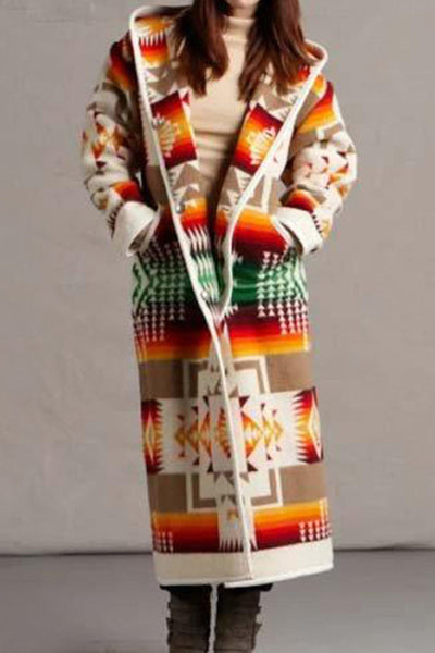 Elegant Geometric Printing Hooded Collar Outerwear