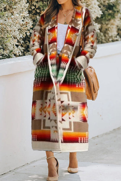 Elegant Geometric Printing Hooded Collar Outerwear