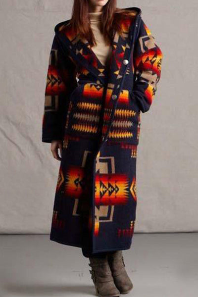 Elegant Geometric Printing Hooded Collar Outerwear