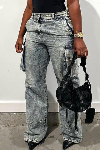 Casual Street Solid Make Old Patchwork Pocket Buttons Zipper Mid Waist Straight Denim Jeans