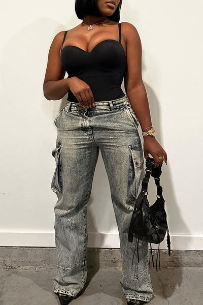 Casual Street Solid Make Old Patchwork Pocket Buttons Zipper Mid Waist Straight Denim Jeans