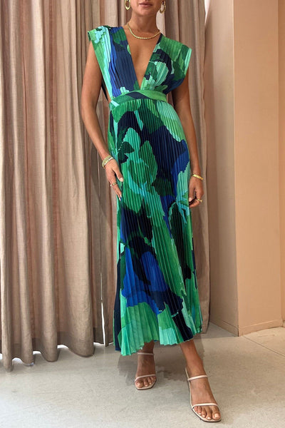 Casual Vacation Print Fold V Neck Sleeveless Dress Dresses