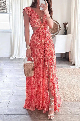 Sexy Floral Backless V Neck Printed Dress Dresses