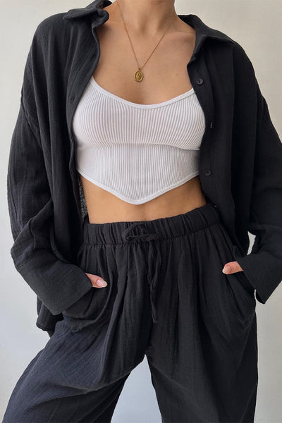 Daily Simplicity Solid Pocket Turndown Collar Long Sleeve Two Pieces