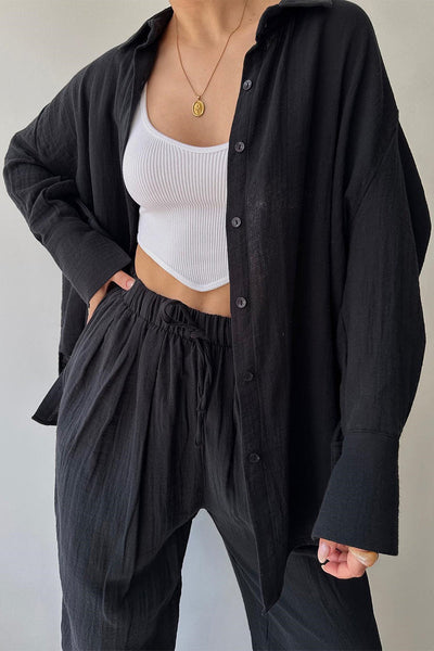 Daily Simplicity Solid Pocket Turndown Collar Long Sleeve Two Pieces