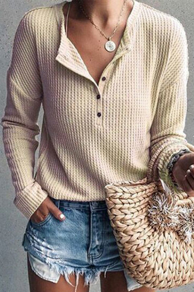 Casual Solid Buttons O Neck Tops