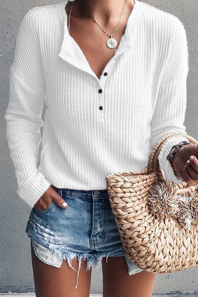 Casual Solid Buttons O Neck Tops