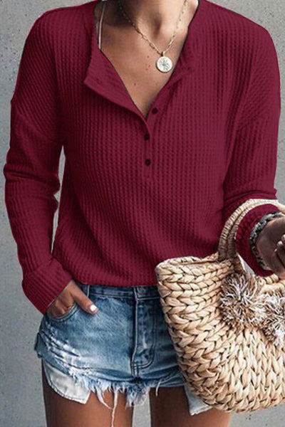 Casual Solid Buttons O Neck Tops