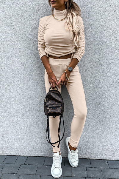 Casual Daily Solid Draw String Fold Turtleneck Long Sleeve Two Pieces