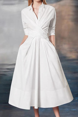 Elegant Solid Cross Straps Turndown Collar Shirt Dress Dresses