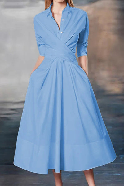 Elegant Solid Cross Straps Turndown Collar Shirt Dress Dresses