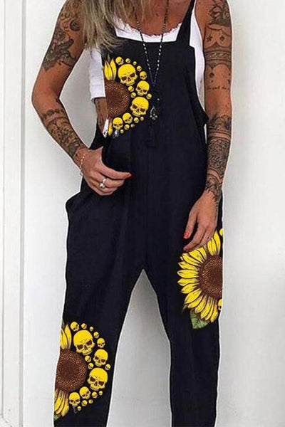 Casual College Skull Head Print Pocket U Neck Loose Jumpsuits