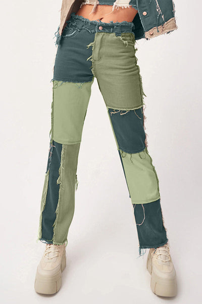 Casual Color Block Patch Contrast Mid Waist Regular Denim Jeans