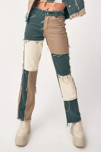 Casual Color Block Patch Contrast Mid Waist Regular Denim Jeans