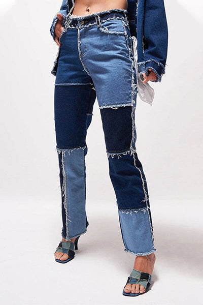 Casual Color Block Patch Contrast Mid Waist Regular Denim Jeans