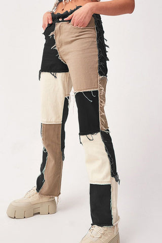 Casual Color Block Patch Contrast Mid Waist Regular Denim Jeans