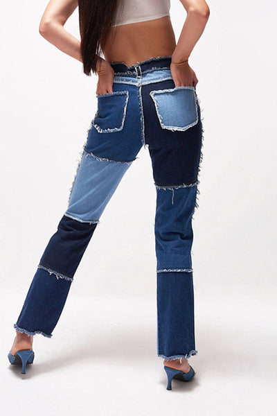 Casual Color Block Patch Contrast Mid Waist Regular Denim Jeans