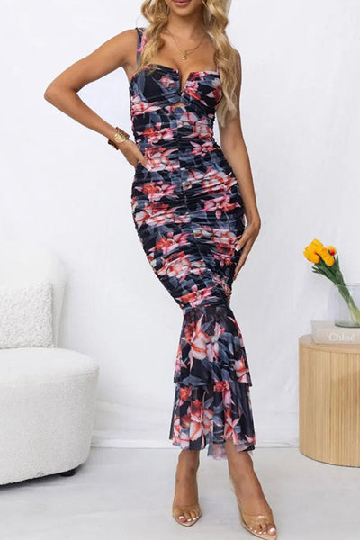 Elegant Floral Fold Square Collar Printed Dress Dresses