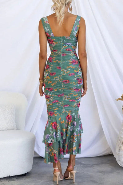 Elegant Floral Fold Square Collar Printed Dress Dresses