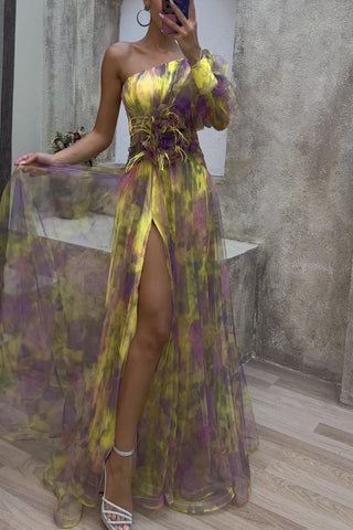 Elegant Floral Patchwork Oblique Collar Printed Dress Dresses