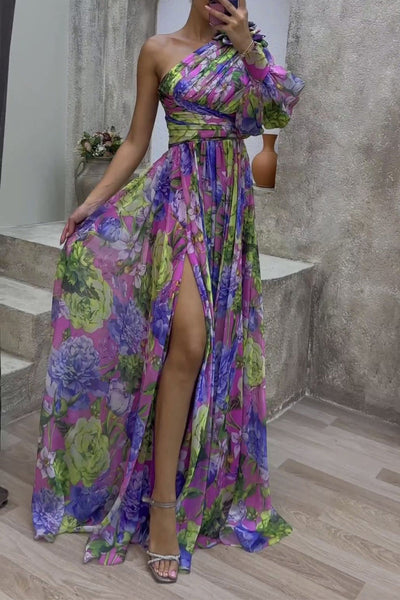 Elegant Floral Patchwork Oblique Collar Printed Dress Dresses