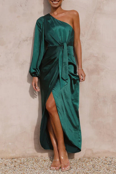 Elegant Solid Frenulum Asymmetrical Oblique Collar Irregular Dress Dresses