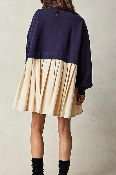 Casual Solid Patchwork Contrast O Neck Pleated Dresses