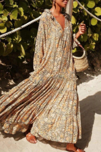 College Floral Patchwork V Neck Printed Dress Dresses