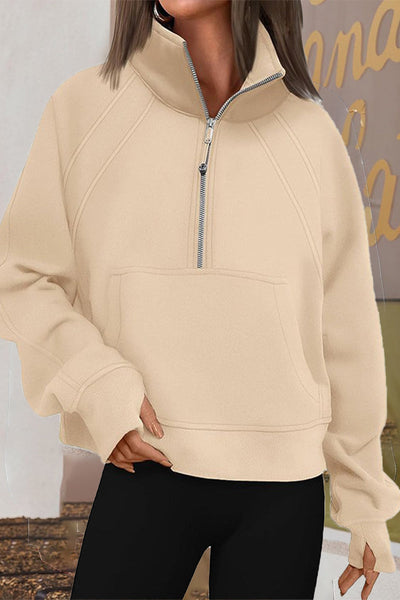 Casual Solid Pocket Zipper Mandarin Collar Tops