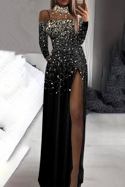 Elegant Formal Print Slit Sequined Turtleneck Evening Dress Dresses