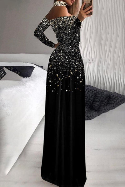 Elegant Formal Print Slit Sequined Turtleneck Evening Dress Dresses