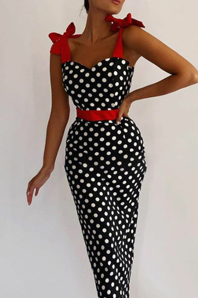 Elegant Polka Dot Contrast Off the Shoulder One Step Skirt Dresses