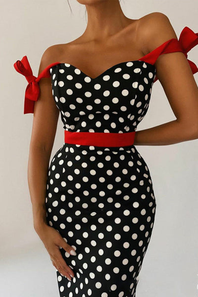 Elegant Polka Dot Contrast Off the Shoulder One Step Skirt Dresses