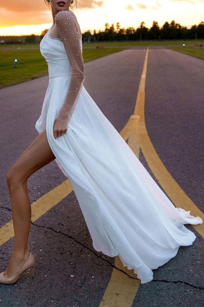 Elegant Formal Solid Slit O Neck Evening Dress Dresses