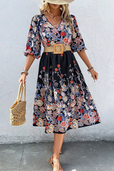 Elegant College Floral With Belt V Neck A Line Dresses(3 Colors)