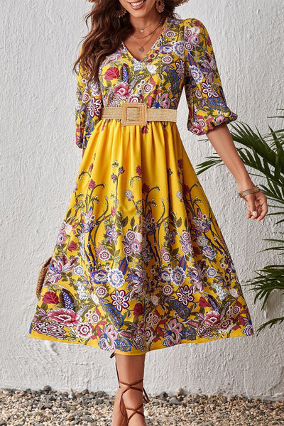 Elegant College Floral With Belt V Neck A Line Dresses(3 Colors)