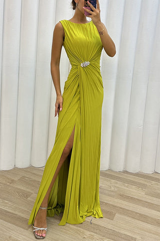 Elegant Formal Solid Slit Fold O Neck Evening Dress Dresses