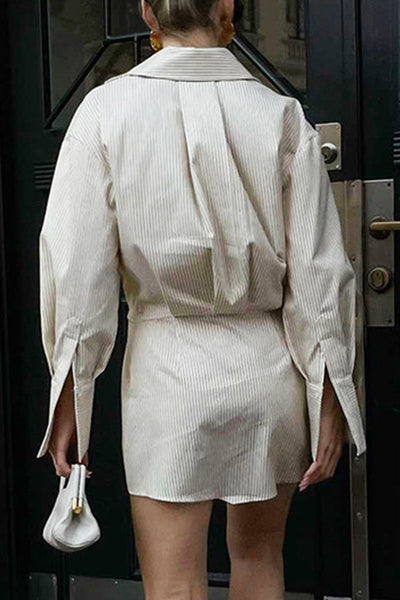 Elegant Striped Patchwork Buttons Turndown Collar Shirt Dress Dresses