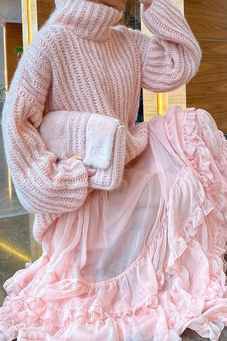 Sweet Elegant Solid Flounce Turtleneck Long Sleeve Two Pieces