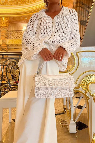 Celebrities Elegant Solid Hollowed Out Turndown Collar Long Sleeve Two Pieces