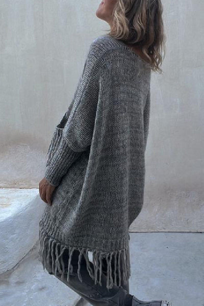 Casual Solid Tassel Pocket Weave O Neck Tops