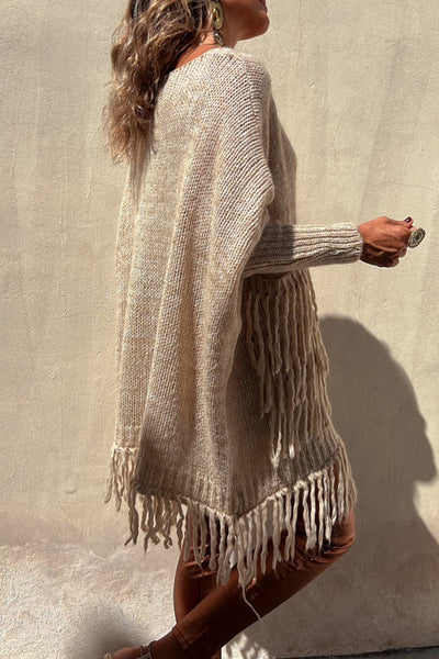 Casual Solid Tassel Pocket Weave O Neck Tops