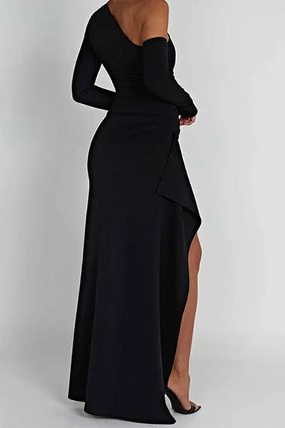 Sexy Simplicity Solid Asymmetrical Oblique Collar Wrapped Skirt Dresses