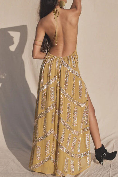 Casual Sweet Sequins Patchwork High Opening Halter Long Dress Dresses