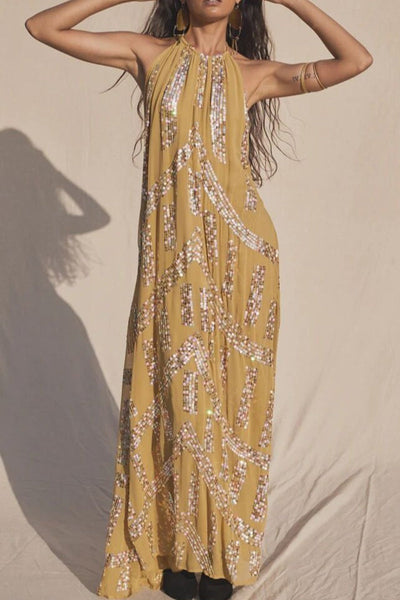 Casual Sweet Sequins Patchwork High Opening Halter Long Dress Dresses
