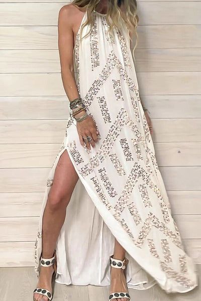 Casual Sweet Sequins Patchwork High Opening Halter Long Dress Dresses