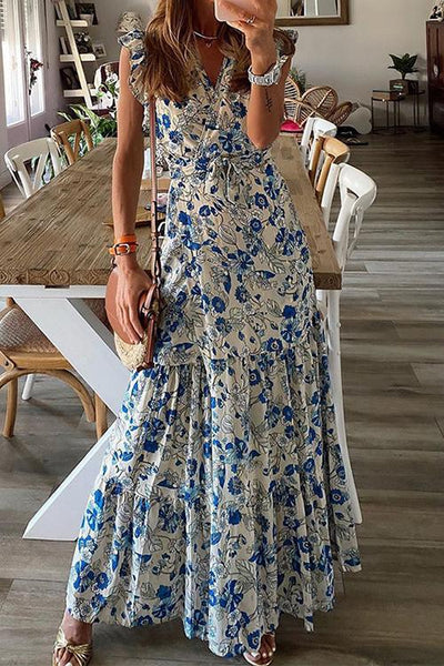 Floral Print Ruffles Maxi Wrap Dress - girlyrose.com