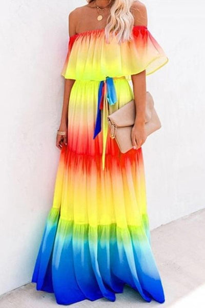 Gradient Off Shoulder Belted Maxi Dress - girlyrose.com