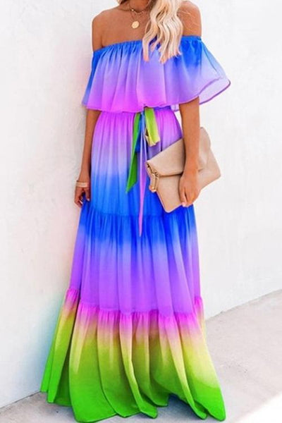 Gradient Off Shoulder Belted Maxi Dress - girlyrose.com