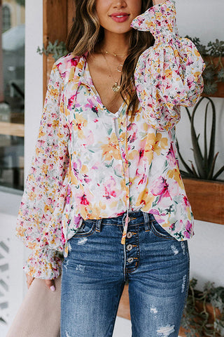 Floral Button Cuffed Sleeve Blouse